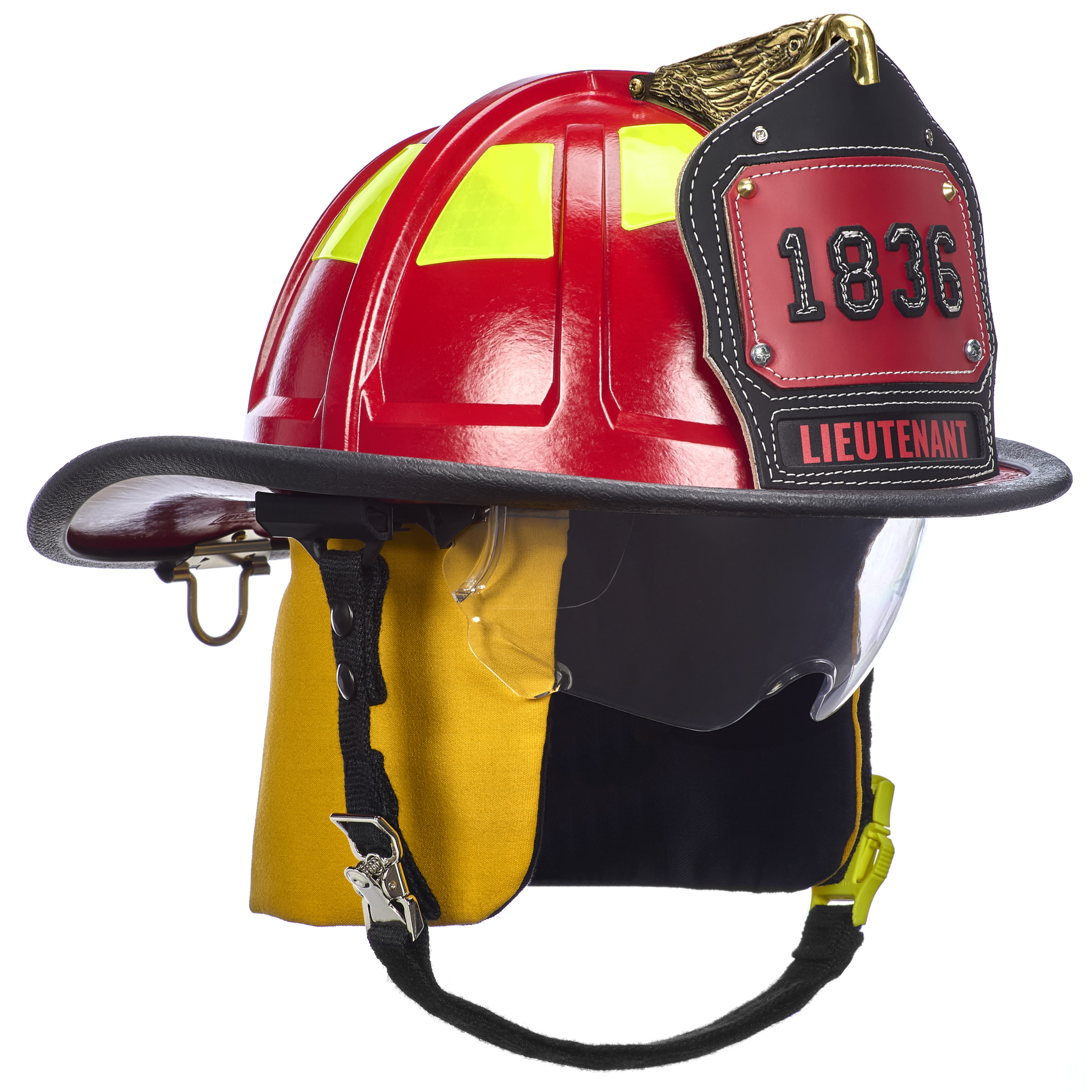 Cairns 1836 Red Fire Helmet, with standard liner, clear Defender Visor, Yellow Nomex earlaps, 6" carved eagle, Reflexite lime yellow